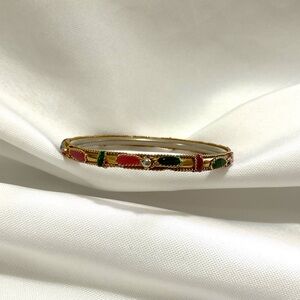 Colorful Gold Tone Bangle with Leaves & Metal Marcasites